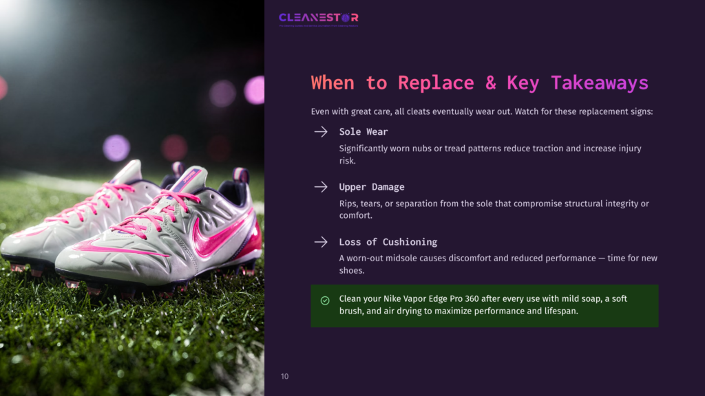 10 When To Replace And Key Takeaways White And Pink Nike Vapor Edge Pro 360 Cleats On Green Turf, With Text Discussing When To Replace Cleats And Key Takeaways Like Sole Wear And Loss Of Cushioning.