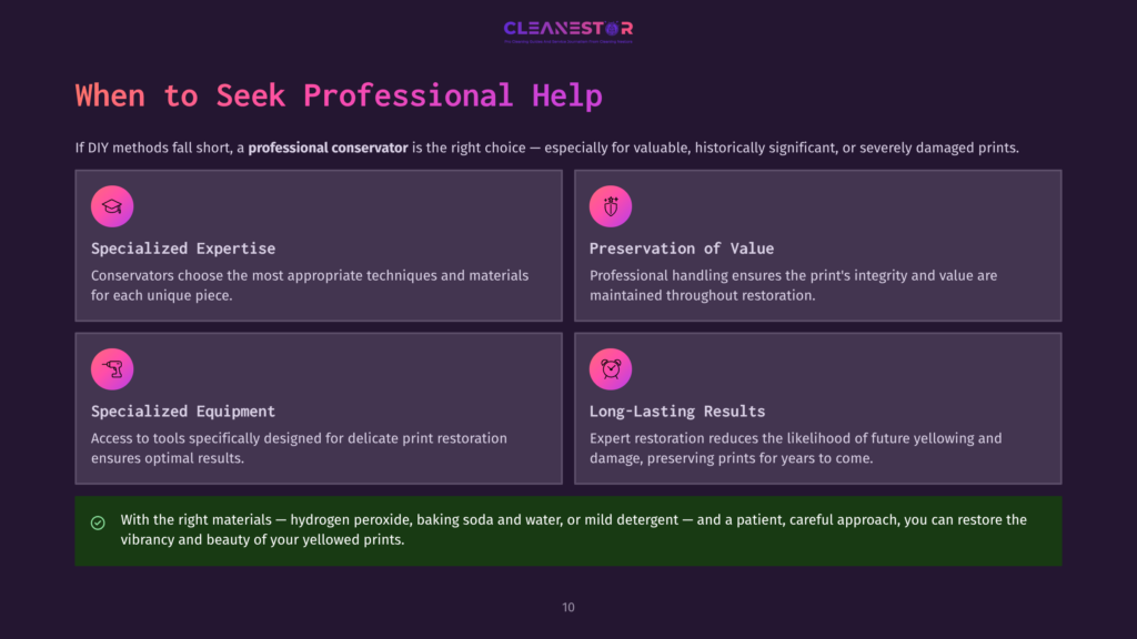 Infographic Detailing When To Seek Professional Help For Print Restoration, Highlighting Specialized Expertise, Preservation Of Value, Specialized Equipment, And Long-Lasting Results. The Cleanestor Logo Is At The Top.