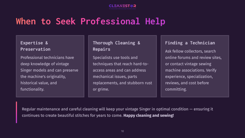 10 When To Seek Professional Help Three Columns Of Text On A Dark Purple Background With The Heading &Quot;When To Seek Professional Help.&Quot; The Columns Are Titled &Quot;Expertise &Amp; Preservation,&Quot; &Quot;Thorough Cleaning &Amp; Repairs,&Quot; And &Quot;Finding A Technician.