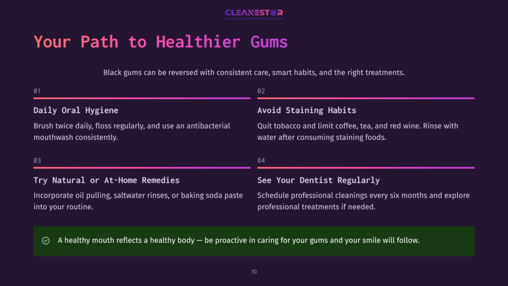 Dark Purple Background With &Quot;Cleanestor&Quot; Logo At The Top. Title &Quot;Your Path To Healthier Gums&Quot; In Large White Text. Below, Four Numbered Sections Offer Advice On Oral Hygiene, Avoiding Staining Habits, Natural Remedies, And Dentist Visits For Healthier Gums.