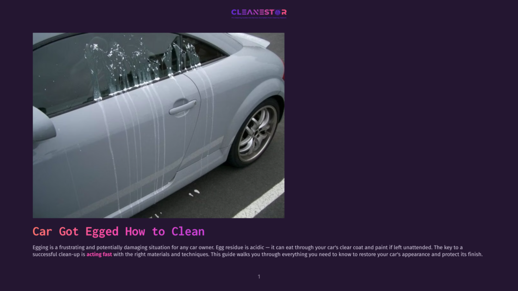 A Light-Colored Car Is Covered In White Egg Residue, With Streaks Running Down The Window And Door. The Text &Quot;Car Got Egged How To Clean&Quot; Is Visible.