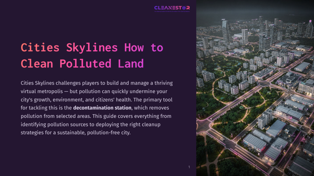 1 Cities Skylines How To Clean Polluted Land Cleanestar Logo Above A Nighttime Aerial View Of A Clean, Futuristic City Skyline With Glowing Purple And Pink Lights, Showcasing A Sustainable Metropolis.