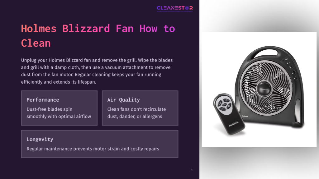 Holmes Blizzard Fan With Remote Control, Shown On A White Background. The Fan Is Black With A Silver Grill And Multiple Speed Settings On Top.