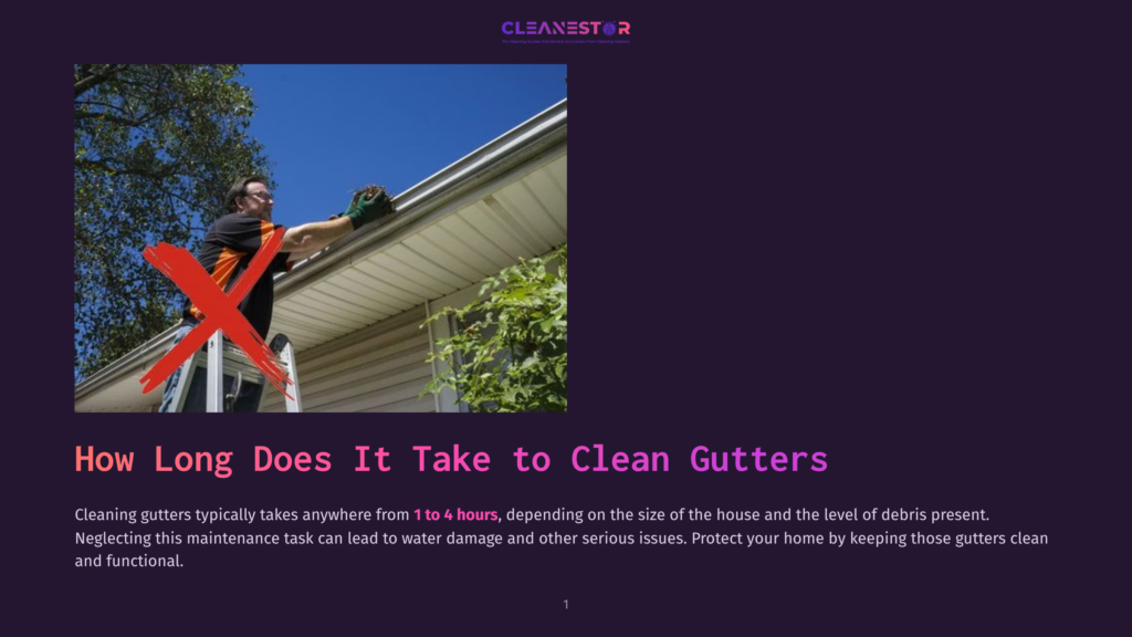 Man On Ladder Cleaning Gutters, With A Red &Amp;Apos;X&Amp;Apos; Over The Image, Indicating A Task To Avoid Or A Problem. Text On Image Reads &Quot;Cleanestor&Quot; And &Quot;How Long Does It Take To Clean Gutters&Quot;.