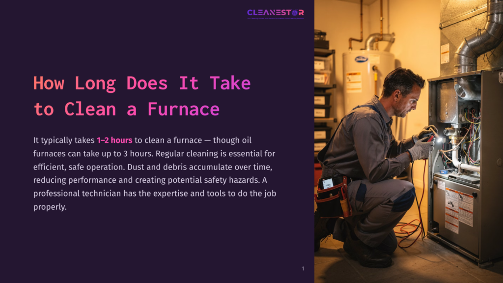 A Male Hvac Technician In A Grey Uniform Works On A Furnace, Holding A Tool Near Its Internal Components. The Text &Quot;How Long Does It Take To Clean A Furnace&Quot; Is Visible On The Left.