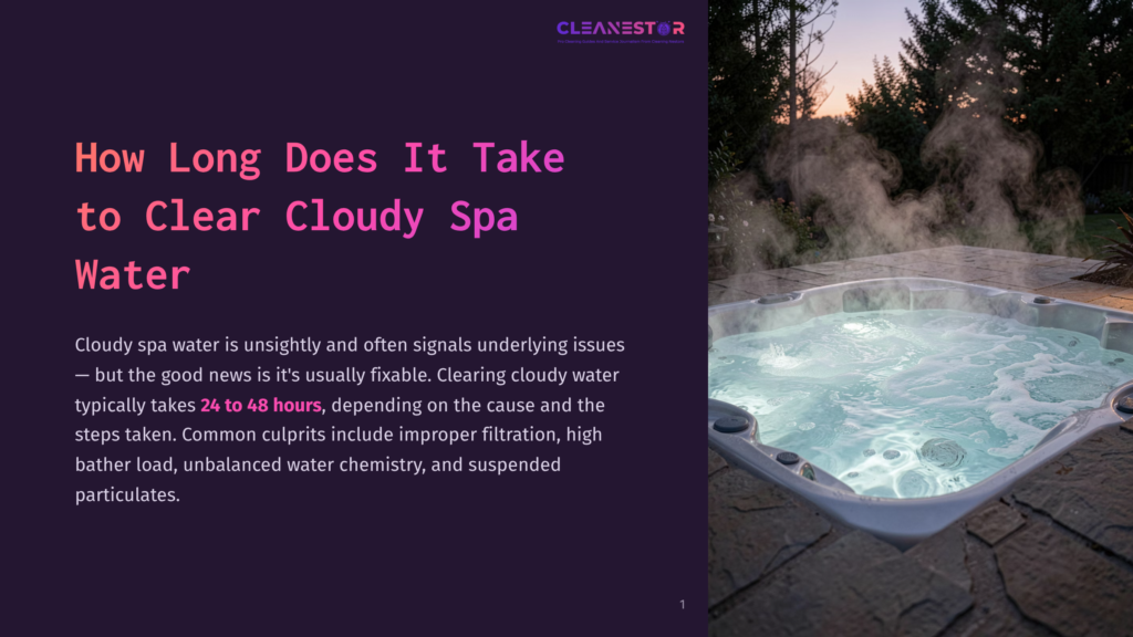 A Steaming Hot Tub Glows With Clear, Blue Water At Dusk, Surrounded By Stone Patio And Lush Trees. The Text &Quot;Cleanestor&Quot; Is Visible At The Top.
