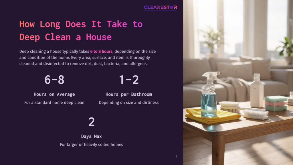 1 How Long Does It Take To Deep Clean A House 1 A Sunlit Living Room Table Displays Cleaning Supplies: A Spray Bottle Of Blue Cleaner, A Yellow Cloth, And Brushes, Next To A Window With Bright Daylight. The Text &Quot;Cleanestor&Quot; Is Visible At The Top.
