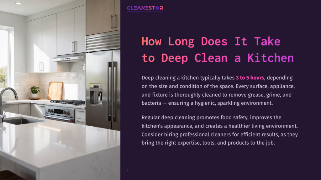 Cleanestor Logo Above Text About Deep Cleaning A Kitchen, With A Modern, Bright Kitchen Interior In The Background.