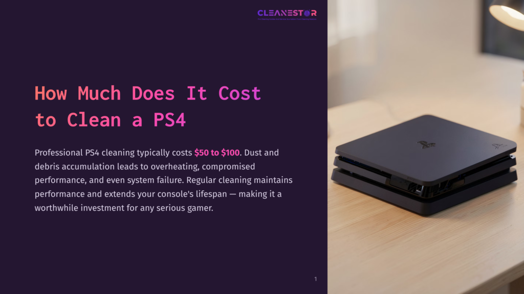 1 How Much Does It Cost To Clean A Ps4 Close-Up Of A Black Playstation 4 Console On A Light Wooden Desk, With The Text &Quot;How Much Does It Cost To Clean A Ps4&Quot; And &Quot;Cleanestor&Quot; Visible On A Dark Purple Background To The Left.