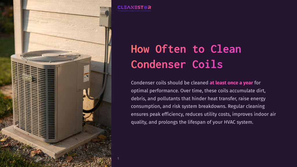 1 How Often To Clean Condenser Coils An Outdoor Air Conditioning Condenser Unit Sits On A Concrete Pad Next To A House. The Text Overlay Reads &Quot;Cleanestor&Quot; And &Quot;How Often To Clean Condenser Coils&Quot;.