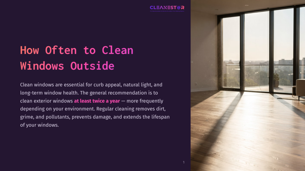 Sunlight Streams Through Large Windows Into A Modern Living Room, Illuminating Dust Motes In The Air. The Text &Quot;Cleanestor&Quot; Is Visible At The Top.