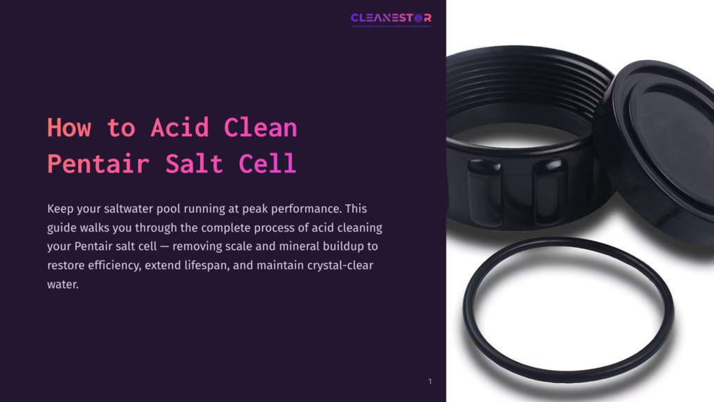 Close-Up Of Pentair Salt Cell Components: A Black Plastic Cap With Ribbed Edges, A Black O-Ring, And The Main Body Of The Salt Cell. Text On The Left Reads &Quot;How To Acid Clean Pentair Salt Cell&Quot;.