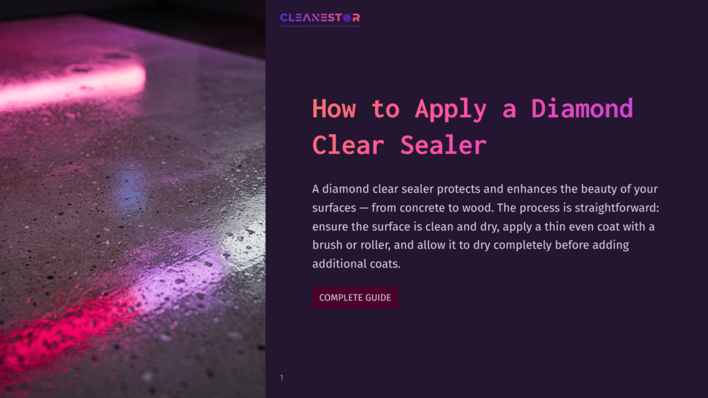 Close-Up Of A Wet Concrete Floor With Pink And Purple Neon Reflections, Highlighting The Texture And Sheen After Applying A Diamond Clear Sealer. Text Overlay: &Quot;Cleanestor How To Apply A Diamond Clear Sealer&Quot;.