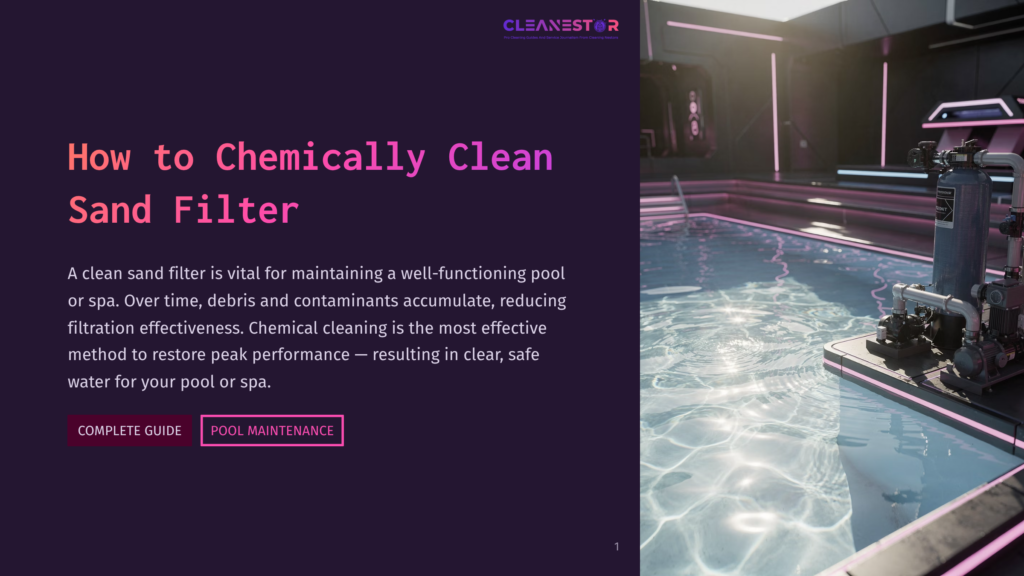 1 How To Chemically Clean Sand Filter A Modern, Futuristic Swimming Pool With Clean, Clear Water And A Prominent Sand Filter System. The Text &Quot;How To Chemically Clean Sand Filter&Quot; Is Displayed Prominently In Large, Bold Lettering.