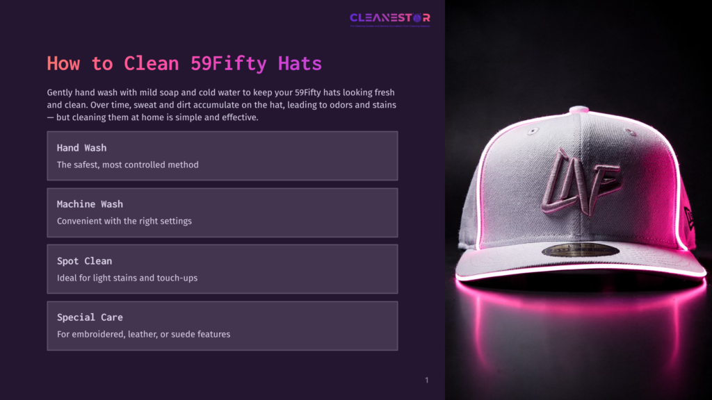1 How To Clean 59Fifty Hats A Close-Up Of A Light Grey New Era 59Fifty Hat With A Pink La Logo, Illuminated By Neon Pink Lighting, On A Dark Reflective Surface. The Text &Quot;Cleanestor&Quot; Is Visible At The Top.