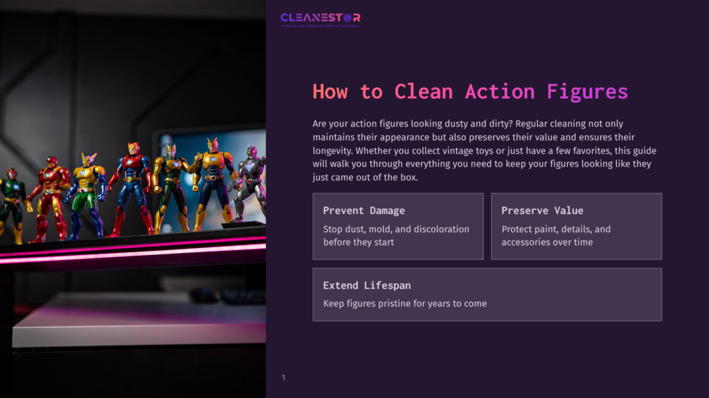 A Row Of Colorful, Shiny Action Figures Stands On A Shelf, Illuminated By Purple And Pink Lights. The Text &Quot;Cleanestor&Quot; Is Visible At The Top Of The Image.
