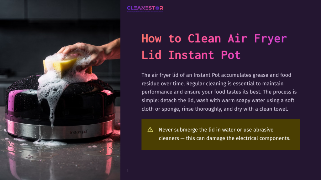 A Hand With A Yellow Sponge Scrubs A Black Instant Pot Air Fryer Lid With Abundant White Soap Suds, Cleaning Grease And Food Residue.
