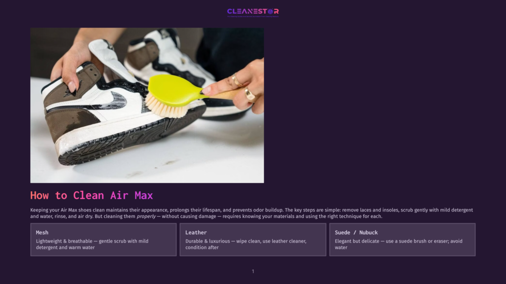 Close-Up Of Hands Cleaning A Brown And White Air Max Sneaker With A Yellow Brush And Mild Detergent, Highlighting Shoe Cleaning And Sneaker Care.