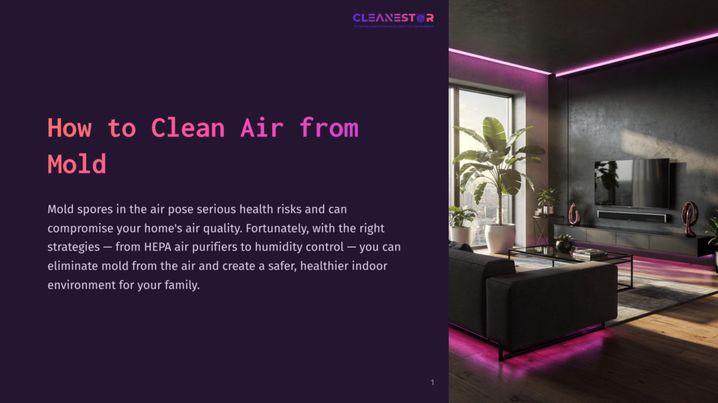 Modern Living Room With Dark Furniture, Large Windows, And Vibrant Pink Neon Lighting. Text Overlay Reads &Quot;Cleanestor&Quot; And &Quot;How To Clean Air From Mold.
