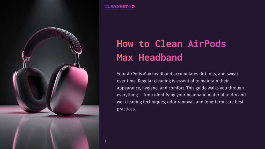 Close-Up Of Sleek, Silver Airpods Max Headphones With A Plush, Black Fabric Headband, Displayed On A Reflective Surface Under Dramatic Lighting. The Text &Quot;Cleanestor&Quot; And &Quot;How To Clean Airpods Max Headband&Quot; Is Visible.