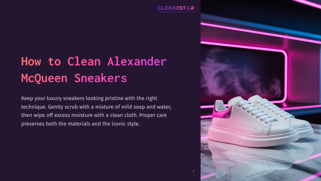 White Alexander Mcqueen Sneakers With Pink Metallic Accents Sit On A Reflective Surface, With A Neon Pink Light Glow And Purple Smoke In The Background. Text Overlay Reads: &Quot;Cleanestor - How To Clean Alexander Mcqueen Sneakers&Quot;.
