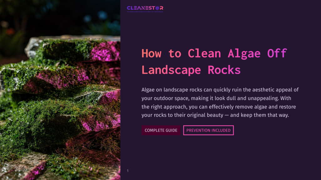 Close-Up Of Mossy Landscape Rocks With Vibrant Pink Lighting, Featuring The Cleanestor Logo And Text &Quot;How To Clean Algae Off Landscape Rocks&Quot;.