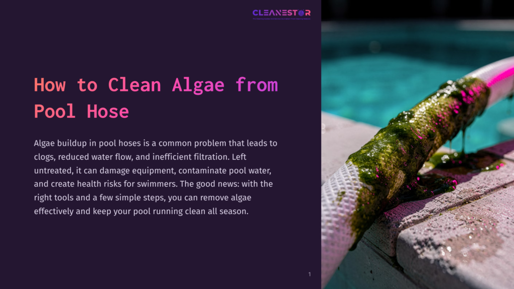A Pool Hose Covered In Thick, Green Algae, With Water Dripping Down. The Hose Lies On The Edge Of A Swimming Pool At Night, Illuminated By A Pink Light.