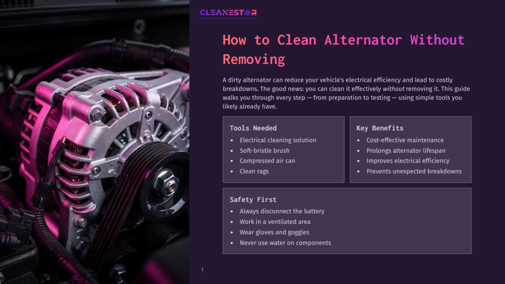 Close-Up Of A Car Alternator, With A Pink Glow Highlighting Its Components And Drive Belt. The Image Is Part Of A &Quot;How To Clean Alternator Without Removing&Quot; Guide, Featuring Text Overlays For Tools And Benefits.