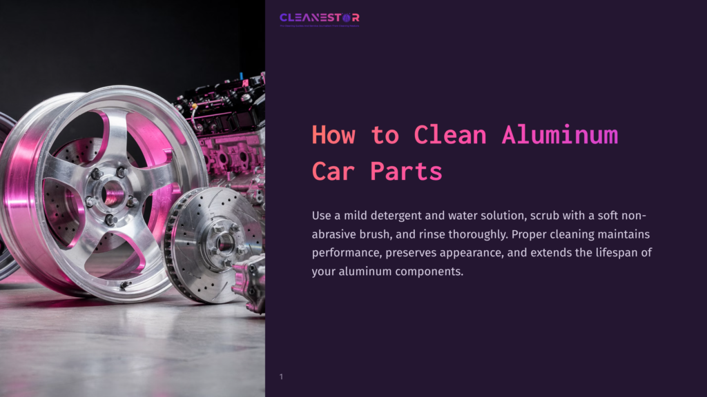 Close-Up Of Shiny, Polished Aluminum Car Wheels And Brake Discs With Pink Lighting. Text Reads &Quot;Cleanestor&Quot; And &Quot;How To Clean Aluminum Car Parts&Quot;.