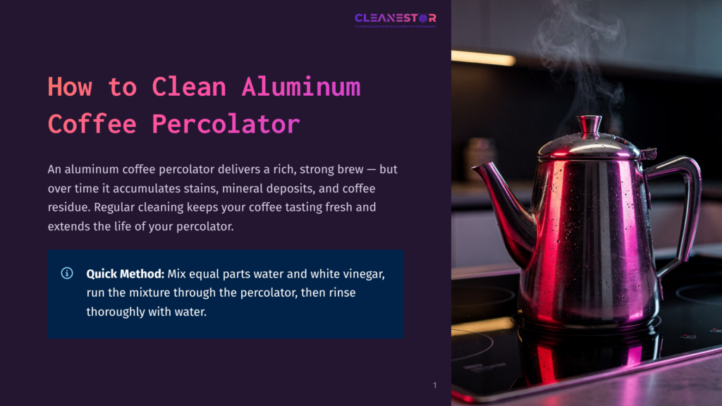 A Steaming Aluminum Coffee Percolator Sits On A Modern Induction Stovetop, Reflecting Pink And Purple Light. Text On The Left Reads &Quot;How To Clean Aluminum Coffee Percolator.