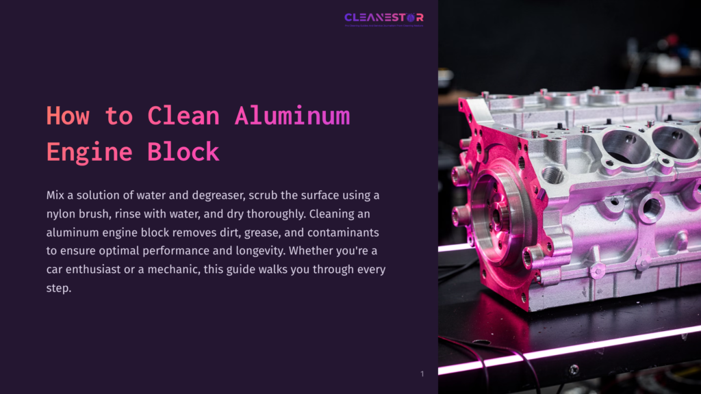 Close-Up Of A Clean Aluminum Engine Block On A Black Surface, Illuminated By Vibrant Pink And Purple Lights, With Text Overlay &Quot;How To Clean Aluminum Engine Block&Quot;.