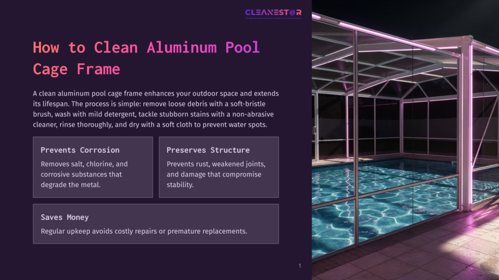A Clean Aluminum Pool Cage Frame, Illuminated By Purple Lights At Night, Surrounds A Sparkling Blue Swimming Pool. Text Overlay Reads &Quot;Cleanestor&Quot; And &Quot;How To Clean Aluminum Pool Cage Frame&Quot;.