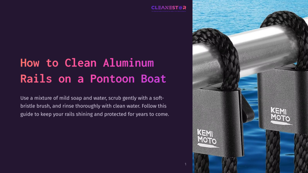 1 How To Clean Aluminum Rails On A Pontoon Boat Close-Up Of Two Black Mooring Ropes With Kemi Moto Branding, Secured To A Silver Aluminum Rail On A Pontoon Boat, With Blue Water In The Background.