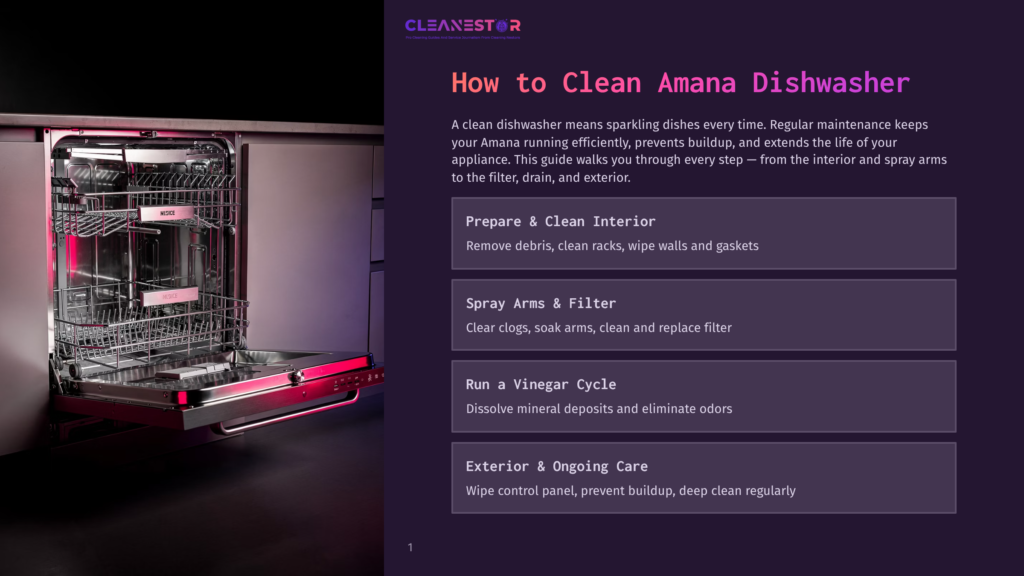 An Open Amana Dishwasher With Racks Pulled Out, Revealing The Interior, Drain, And Spray Arms. The Word &Quot;Wash&Quot; Is Visible On The Top Rack.