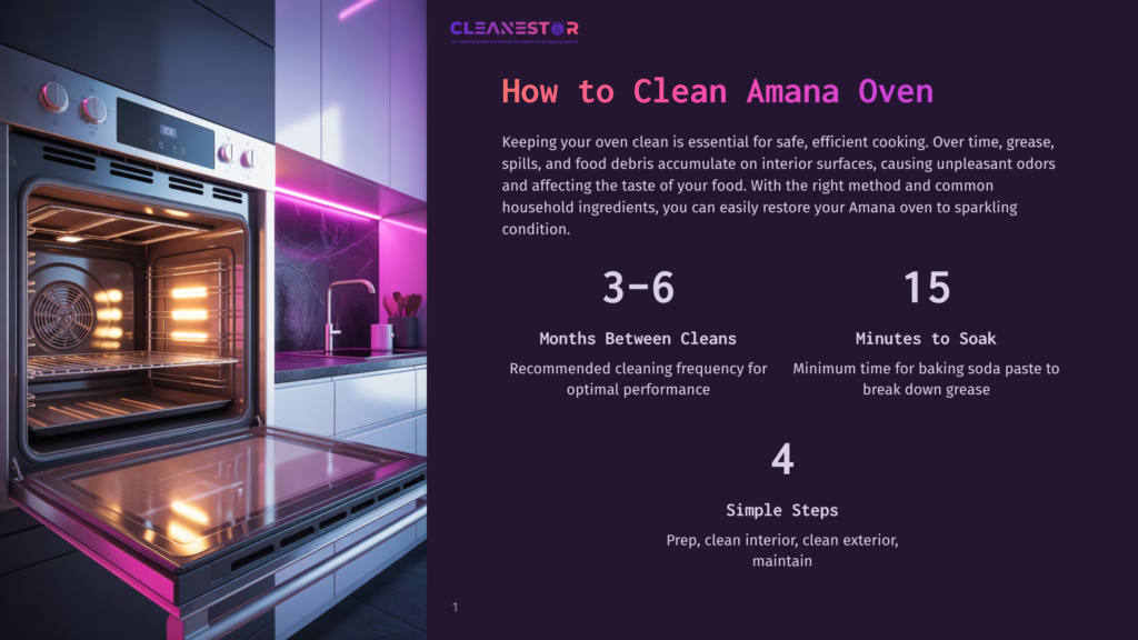 An Open, Modern Amana Oven With Interior Lights On, Showcasing A Clean And Spotless Interior. The Kitchen Background Features Sleek Cabinetry And Ambient Purple Lighting.