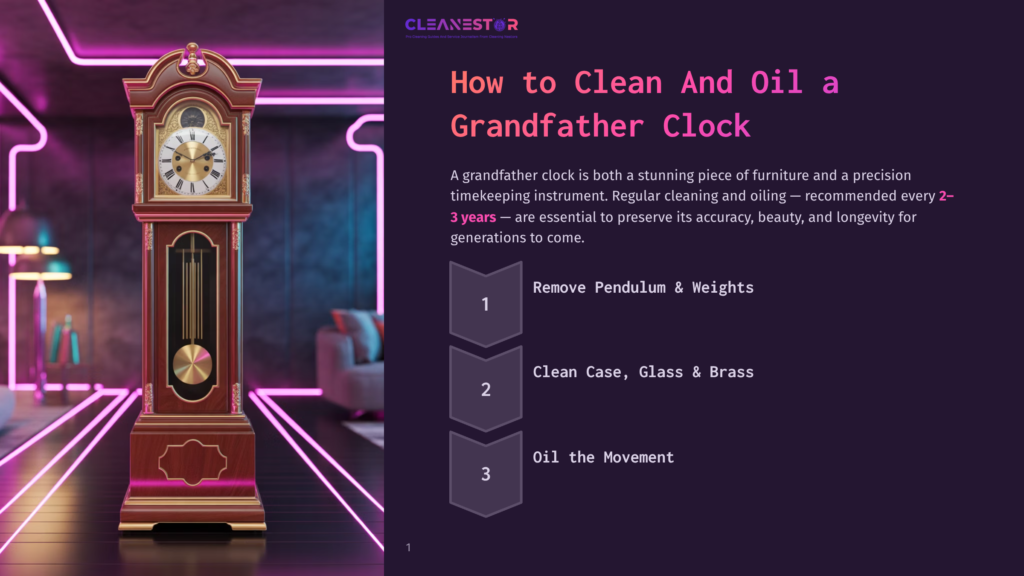 A Classic Grandfather Clock Stands Tall In A Modern, Dimly Lit Room With Purple Neon Accents. The Clock Face Shows Roman Numerals, And Its Wooden Case Gleams. Text Overlay Reads: &Quot;Cleanestor - How To Clean And Oil A Grandfather Clock.