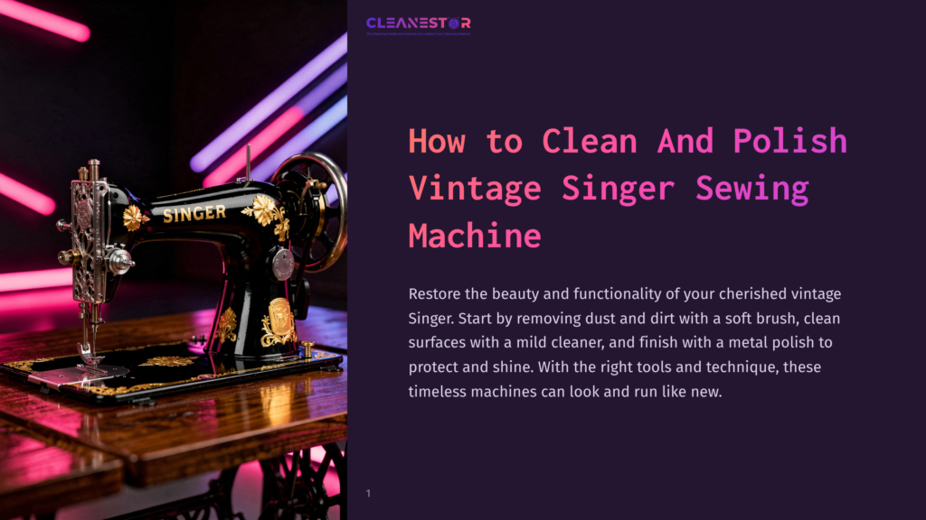 1 How To Clean And Polish Vintage Singer Sewing Machine A Vintage Black Singer Sewing Machine With Gold Ornate Detailing Sits On A Wooden Table, Illuminated By Vibrant Pink And Purple Neon Lights. The Text &Quot;Cleanestor&Quot; And &Quot;How To Clean And Polish Vintage Singer Sewing Machine&Quot; Is Visible.