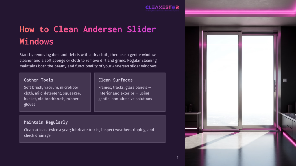 How To Clean Andersen Slider Windows&Quot; Text Overlaying A Dark Room With A Large, Modern Sliding Glass Door With Pink Led Accent Lighting. A Minimalist Kitchen Counter Is Visible To The Right.