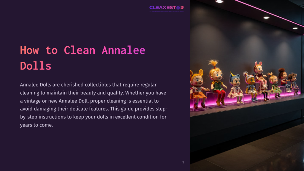 Cleanestar Logo And &Quot;How To Clean Annalee Dolls&Quot; Text On A Dark Purple Background. A Display Of Colorful Annalee Dolls Sits On Illuminated Shelves In The Background.