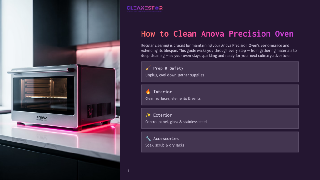 1 How To Clean Anova Precision Oven Anova Precision Oven On A Sleek, Modern Kitchen Counter, Bathed In Soft Pink And Purple Light. The Oven Is Open, Revealing Its Interior, With The Cleanestor Logo And Cleaning Guide Text Visible.