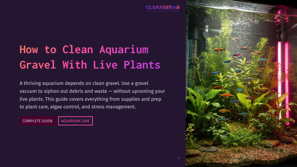 A Vibrant, Well-Maintained Aquarium With Lush Green Plants And A School Of Small, Colorful Fish Swimming Amongst Them. The Text &Quot;How To Clean Aquarium Gravel With Live Plants&Quot; Is Prominently Displayed On The Left Side Of The Image.