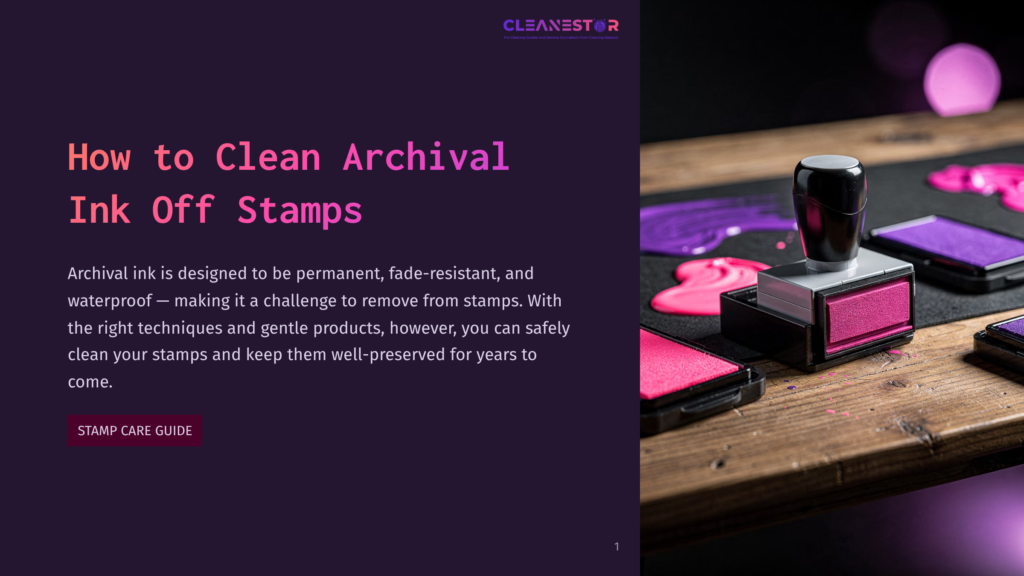 A Rubber Stamp With A Pink Ink Pad Sits On A Rustic Wooden Surface, With Purple And Pink Ink Pads And A Wooden Stamp In The Background. Text Reads &Quot;Cleanestor&Quot;.