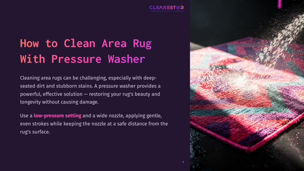 Close-Up Of A Colorful Rug Being Cleaned With A Pressure Washer, Showing Water Spraying Onto The Textured Surface.