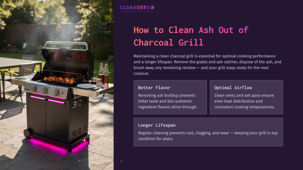 1 How To Clean Ash Out Of Charcoal Grill Cleanestor Logo Above Text &Quot;How To Clean Ash Out Of Charcoal Grill&Quot; With An Image Of A Charcoal Grill With Flames And Pink Led Lights.