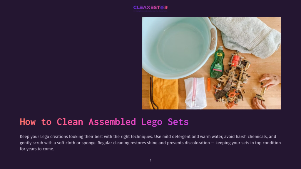 A Top-Down View Of Lego Sets Being Cleaned, With A Large Blue Basin Of Water, Dish Soap, A Towel, And A Sponge On A Wooden Table.