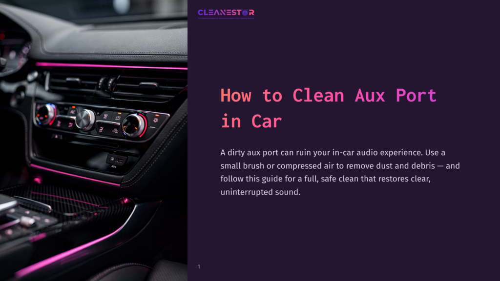 Close-Up Of A Modern Car'S Interior Dashboard Featuring Ambient Pink Lighting Around The Air Vents And A Visible 'Aux' Port. The Text &Quot;How To Clean Aux Port In Car&Quot; Is Overlaid On The Right Side.