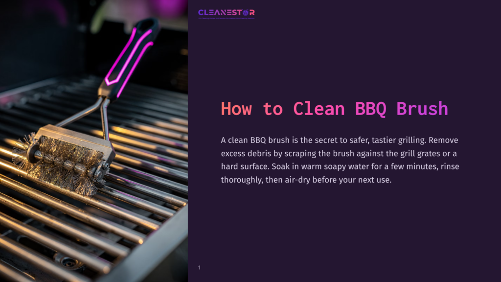 1 How To Clean Bbq Brush Close-Up Of A Bbq Grill Brush With A Neon Pink And Black Handle, Cleaning A Metal Grill Grate. Text On The Right Reads &Quot;How To Clean Bbq Brush&Quot;.