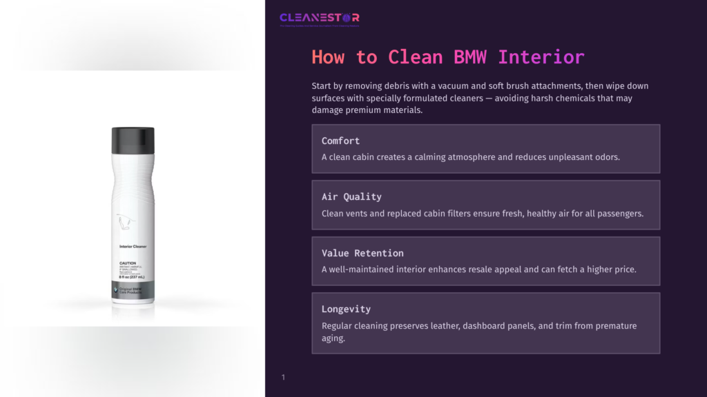 A White Bottle Of Cleanestor Interior Cleaner Sits On A Dark Purple Background Next To Text Detailing How To Clean A Bmw Interior, Listing Benefits Like Comfort, Air Quality, Value Retention, And Longevity.