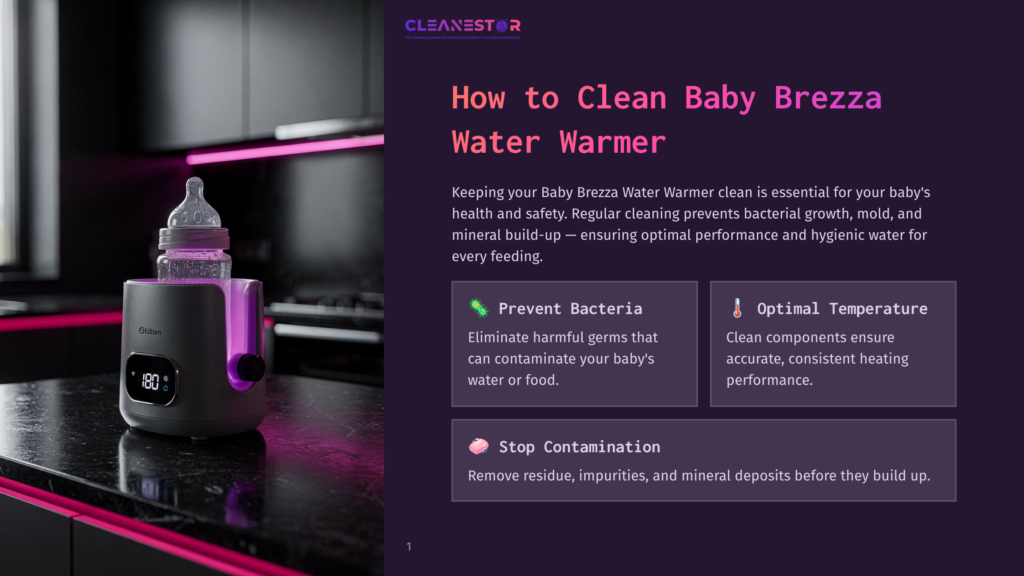1 How To Clean Baby Brezza Water Warmer A Baby Bottle Warmer With A Purple Glow Displays 180 Degrees On Its Screen, Sitting On A Dark Countertop Next To A Bottle. The Text &Quot;Cleanestor&Quot; Is Visible At The Top Of The Image.
