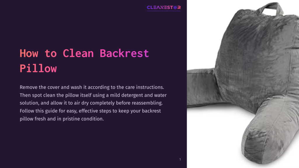 A Plush, Grey Backrest Pillow With Armrests Sits On A Dark Background. The Text &Quot;How To Clean Backrest Pillow&Quot; Is Prominently Displayed On The Left Side Of The Image.